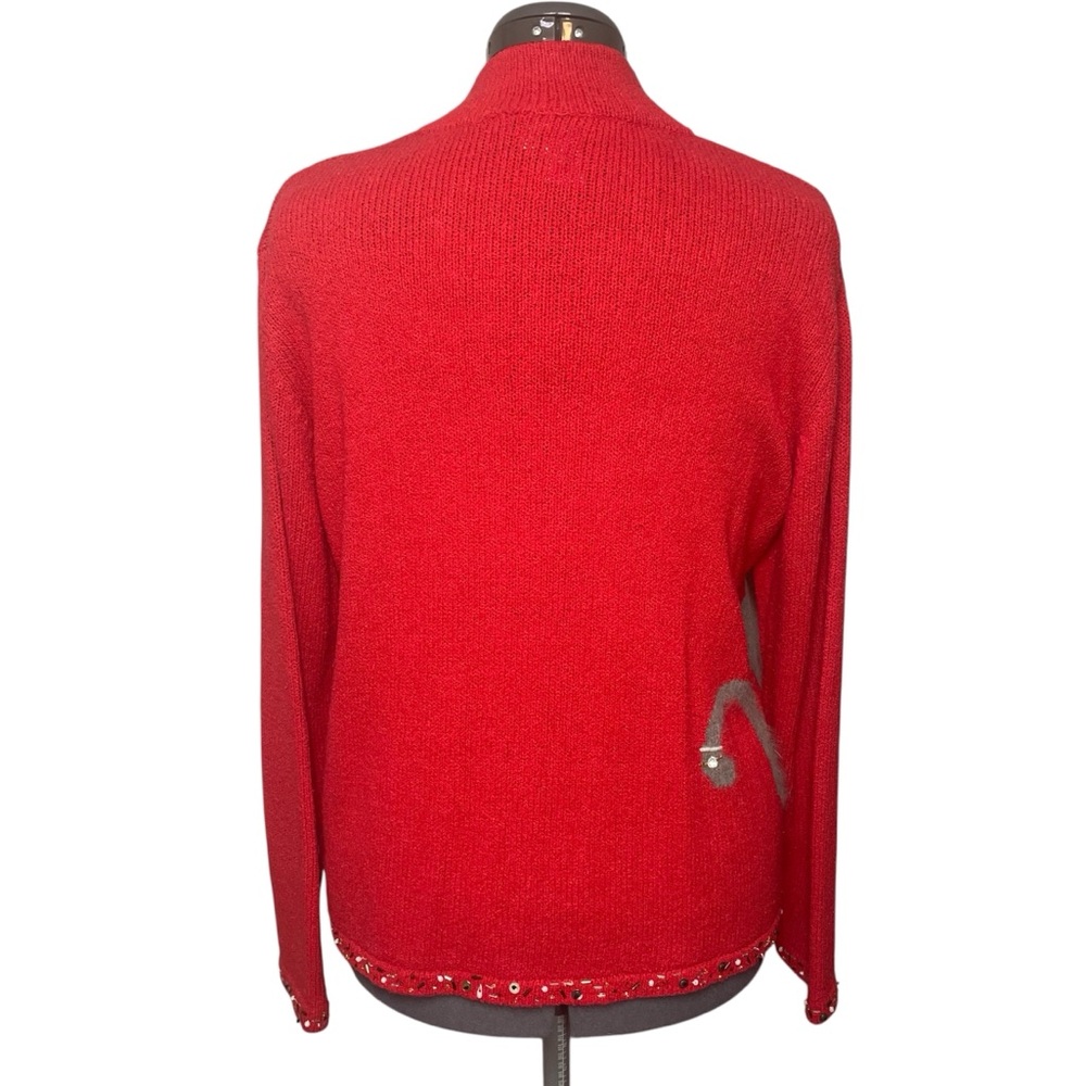 Coldwater Creek Cat Embellished Zip Front Sweater Red Womens 1X Beaded Trim - Picture 3 of 6